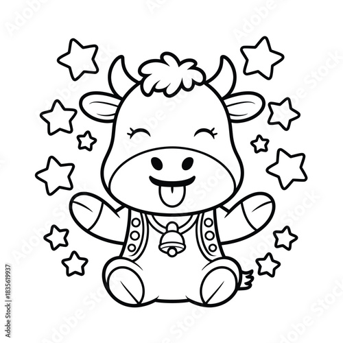 Cute Cartoon Cow Coloring Page with Stars for Kids Activity