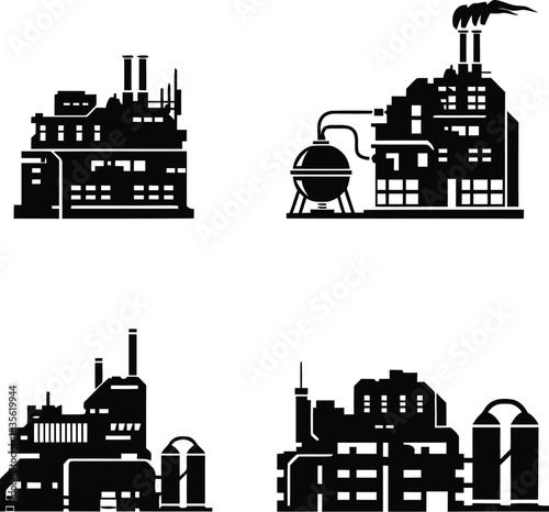Factory icon set, Power plant industrial icon set . Factory, power plant, oil refinery and oil processing plant industrial icon. Vector illustration !
