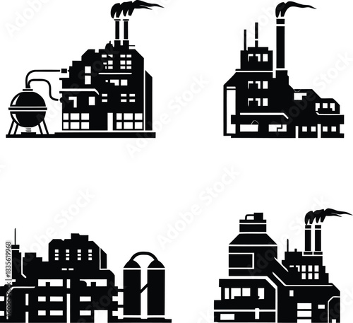 Factory icon set, Power plant industrial icon set . Factory, power plant, oil refinery and oil processing plant industrial icon. Vector illustration !