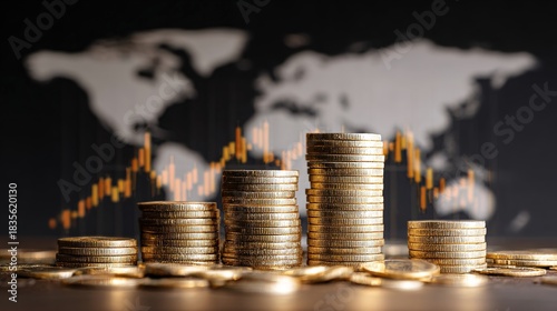 Financial Growth visualized: Stacks of gold coins rise like a financial graph, with the world map in the backdrop. This image embodies prosperity and financial progress. 