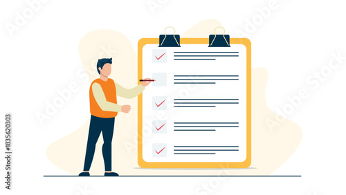 Modern task completion illustration featuring a man marking items on a large checklist clipboard symbolizing productivity planning workflow organization project management and efficient work process