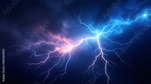 Vibrant blue and purple lightning bolts clashing in a dramatic dark sky for electric power concept and abstract energy force