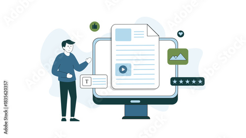 Modern content creation illustration showing a man presenting a digital document on a computer screen with icons for text images video and ratings representing online media publishing and creativity
