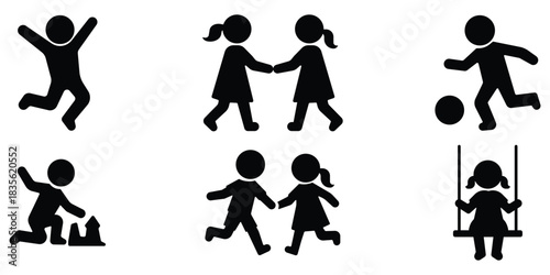 Children activity icon set, Kids play symbol pack, Child movement silhouette collection