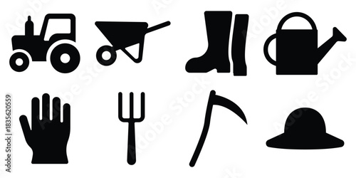 Farm tool icon set, Agriculture equipment symbol pack, Rural work silhouette collection