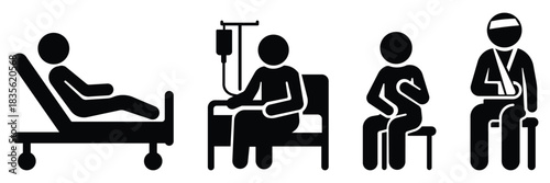 Patient care icon set, Medical treatment symbol pack, Hospital recovery silhouette collection.