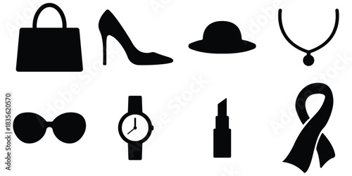 Fashion accessory icon set, Beauty product symbol pack, Style and elegance silhouette collection