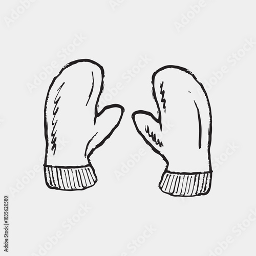 Hand drawn warm mittens for winter ski outfit. Winter sports equipment. Warm clothes, accessories. Vector sketch illustration in vintage crayon charcoal style