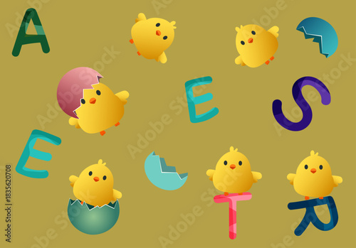 set of easter eggs and chickens