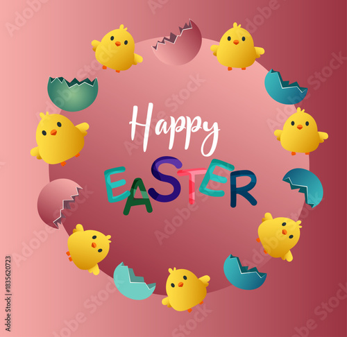 happy easter. set of easter eggs and chickens