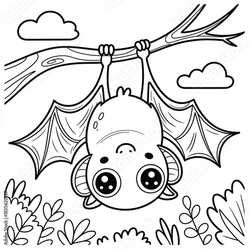 Adorable cartoon bat hanging upside down from a tree branch outline