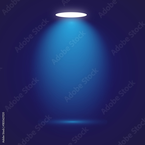 Bright white circular spotlight illuminating a vibrant blue cone of light on a deep dark blue minimalist background, creating a dramatic and empty stage vector illustration