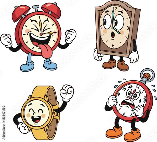 Cartoon anthropomorphic clocks with expressive faces and poses, alarm, wall, wristwatch and stopwatch characters, flat vector illustration