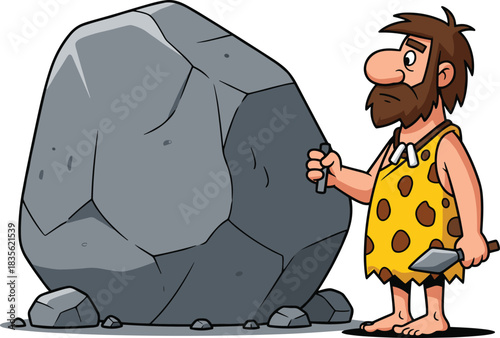 Cartoon caveman carving rock with chisel and hammer, prehistoric craftsmanship scene with beard and tunic, flat vector illustration