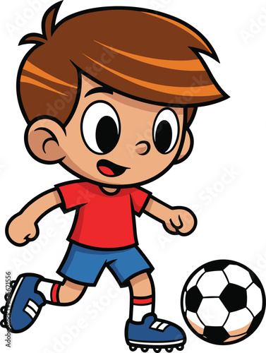 Cartoon child kicking soccer ball with dynamic pose and smile, sports activity scene for kids, flat vector illustration