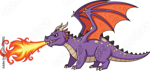 Cartoon purple dragon with orange wings breathing fire, fierce fantasy creature in action pose, flat vector illustration