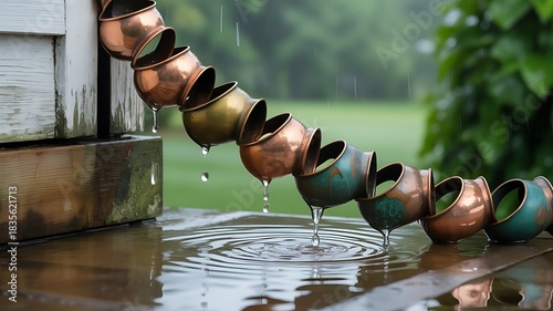 A sequence of metal vessels channeling falling precipitation outdoors in a natural environment setting