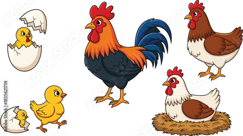 Cartoon rooster, hens, chicks and eggshells in hatching scene, colorful chicken family group, flat vector illustration