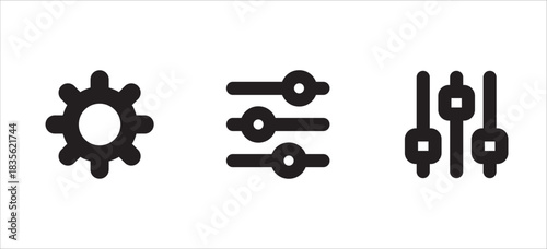 Icon symbol set for setting, adjustment, preference, option, customization, setup, configuration, control, maintenance, equalizer. Vector icon collection. Gear and equalizer icons.