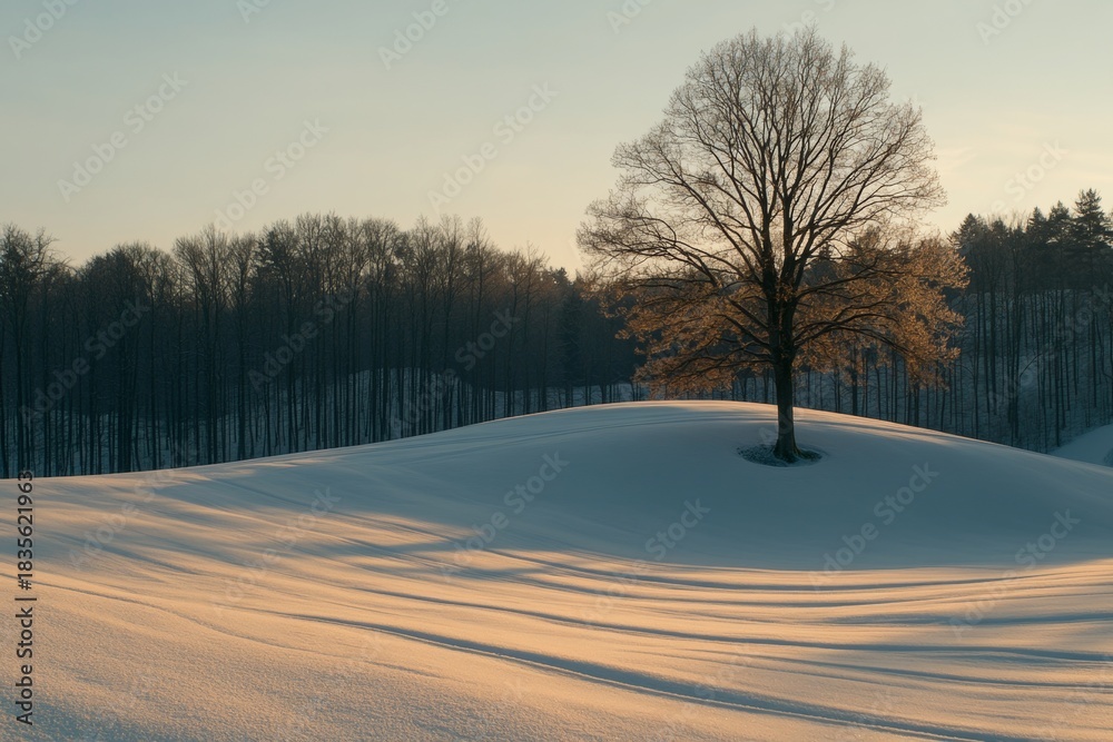 Obraz premium Serene Winter Landscape Featuring Bare Tree at Sunset Over Snowy Field with Gentle Light Stripes