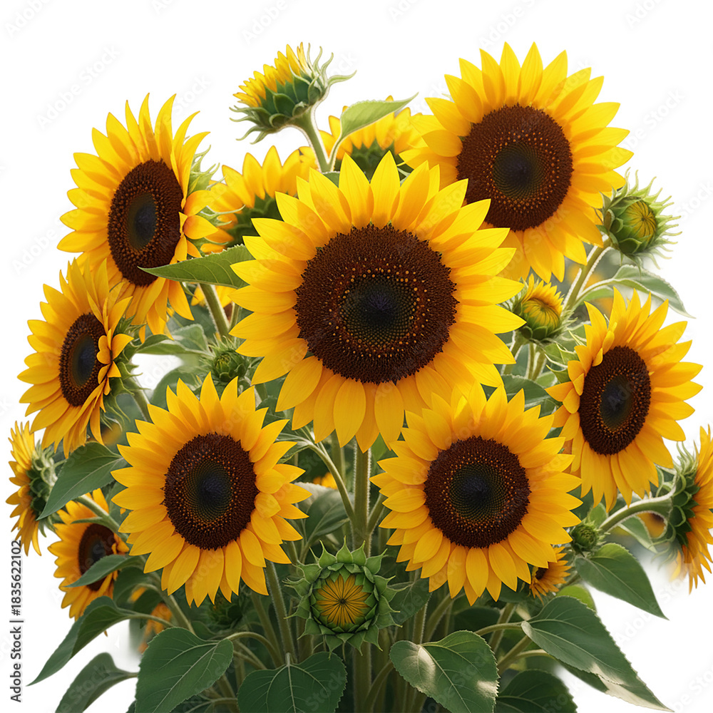 Fototapeta premium A vibrant bouquet of bright yellow sunflowers with dark centers showcasing their natural beauty and cheerful disposition isolated on transparent background