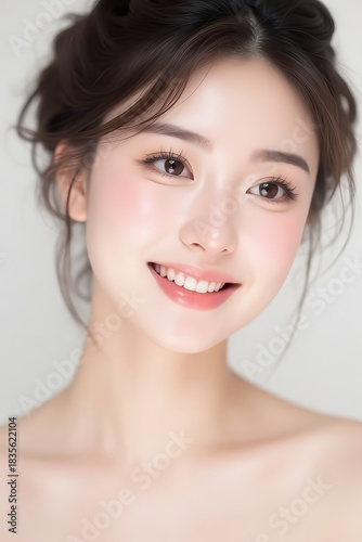 Female Asian Model with Short Hair - Young Beautiful Woman with Hair Bun - Studio Portrait of Asian Beauty for Fashion, Cosmetic, Skincare - Posing on White Background - Smooth Tied Hair