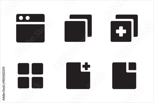Icon symbol set for browser graphic user interface. Contains multiple window application, more tabs, new, add, maximize, minimize, more. Vector icon illustration.