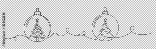 Continuous line drawing of christmas ornaments with christmas trees inside for holiday decoration