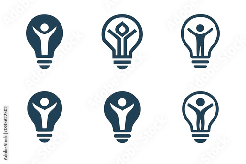 Personal Development Icons. Professional branding and personal development. Icon set. Set Logo of personal development: lightbulb with human figure. harmonious