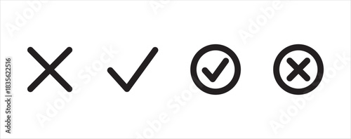 Check mark icon set. Cross mark icons. Icon symbol for approval, right, wrong, agree, yes, no, done, checklist, vote, tick, correction. Vector isolated use for website.