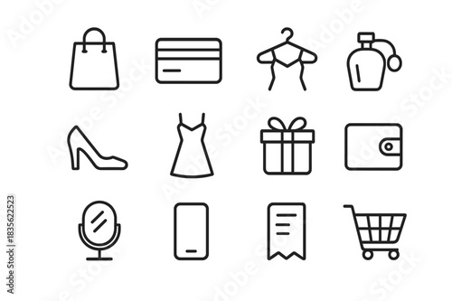 Personal Shopping Icons. Personal shopping. Line icon set of personal shopping: shopping bag, credit card, clothes hanger, shoe, dress, perfume bottle, mirror,