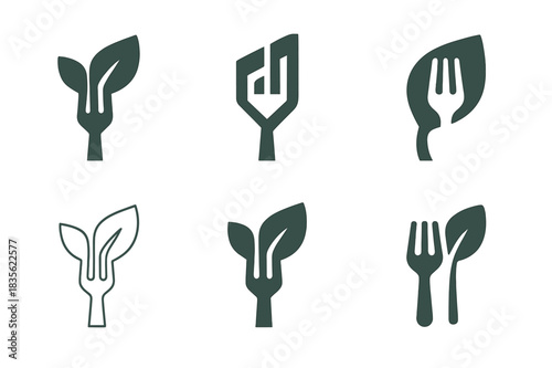 Plant-Based Icons. Plant-Based Diet. Icon set. Set Logo of Plant-Based Diet: fork and leaf combination. harmonious logo variations of the same emblematic