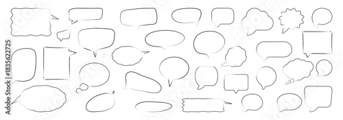 Hand-drawn Speech bubble set with diverse dialogue balloons, chat frames, callouts, doodle outlines and blank text shapes for communication design, messaging layouts, comics and creative graphic
