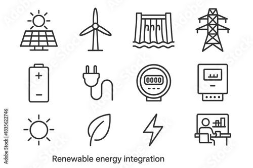 Renewable Energy Icons. Renewable energy integration. Line icon set of renewable energy integration: solar panel, wind turbine, hydro dam, power grid, battery