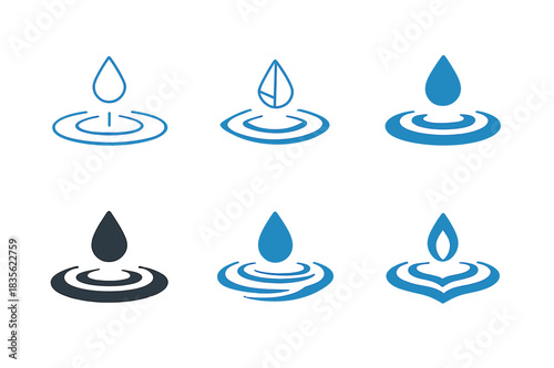 Ripple Logo Variations. Ripple. Icon set. Set Logo of ripple: single drop splashing water. harmonious logo variations of the same emblematic concept, each with