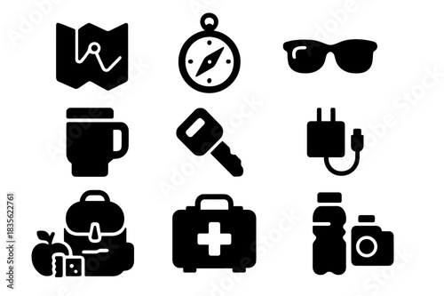 Road Trip Icons. Road Trip Essentials. Solid icon set of Road Trip Essentials: map, compass, sunglasses, travel mug, car key, phone charger, backpack, first
