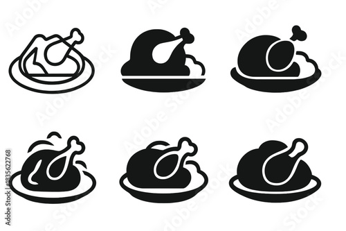 Roasted Chicken Logo Variations. Preparing a roasted chicken with a side of mashed potatoes. Icon set. Set Logo of roasted chicken meal: roasted chicken on