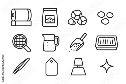 Rock Tumbling Icons. Rock tumbling and polishing. Line icon set of rock tumbling and polishing: tumbler barrel, grit bag, rough stones, polishing media, sieve,