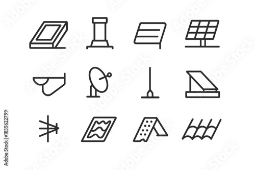 Roof Accessories Icons. Roof Accessories & Fixtures. Line icon set of Roof Accessories & Fixtures: skylight, chimney, vent, solar panel, gutter, satellite