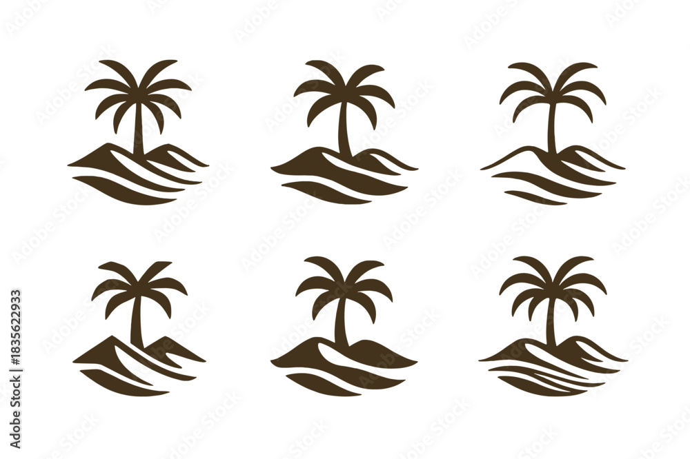 Obraz premium Shifting Sands Logos. Shifting Sands. Icon set. Set Logo of Shifting Sands: oasis palm cluster emerging from dunes. harmonious logo variations of the same