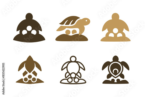 Sea Turtle Nest Logos. Nest. Icon set. Set Logo of nest: sea turtle nest in sand with eggs. harmonious logo variations of the same emblematic concept, each