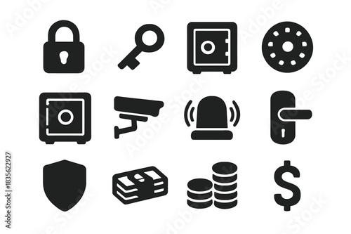 Secure Storage Icons. Secure storage. Solid icon set of Secure storage: lock, key, safe box, combination dial, vault door, security camera, alarm, handle,