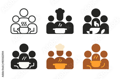 Shared Cooking Icon Set. Cooking together with friends. Icon set. Set Logo of cooking: shared meal table. harmonious logo variations of the same emblematic