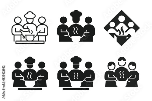 Shared Cooking Icon Set. Cooking together with friends. Icon set. Set Logo of cooking: shared meal table. harmonious logo variations of the same emblematic