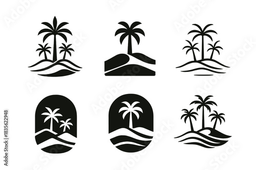 Shifting Sands Logos. Shifting Sands. Icon set. Set Logo of Shifting Sands: oasis palm cluster emerging from dunes. harmonious logo variations of the same