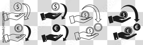 Hand exchanges dollar and euro currency in a financial transaction illustrating global money transfer