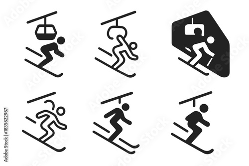 Ski Logo Variations. Skiing or snowboarding down a snowy mountain slope. Icon set. Set Logo of ski lift. harmonious logo variations of the same emblematic