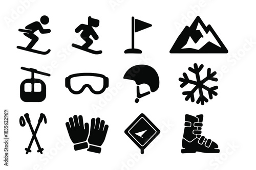 Skiing Icon Set. Ski slope. Solid icon set of ski slope: skier, snowboard, flag, mountain, lift cable, goggles, helmet, snowflake, poles, gloves, slope sign,