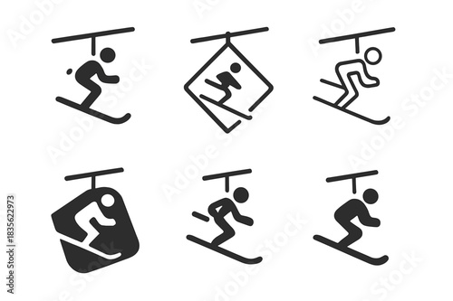 Ski Logo Variations. Skiing or snowboarding down a snowy mountain slope. Icon set. Set Logo of ski lift. harmonious logo variations of the same emblematic