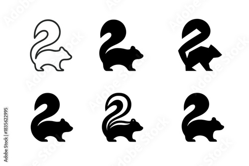 Skunk Logo Variations. Skunk. Icon set. Set Logo of Skunk: skunk tail curve symbol. harmonious logo variations of the same emblematic concept, each with